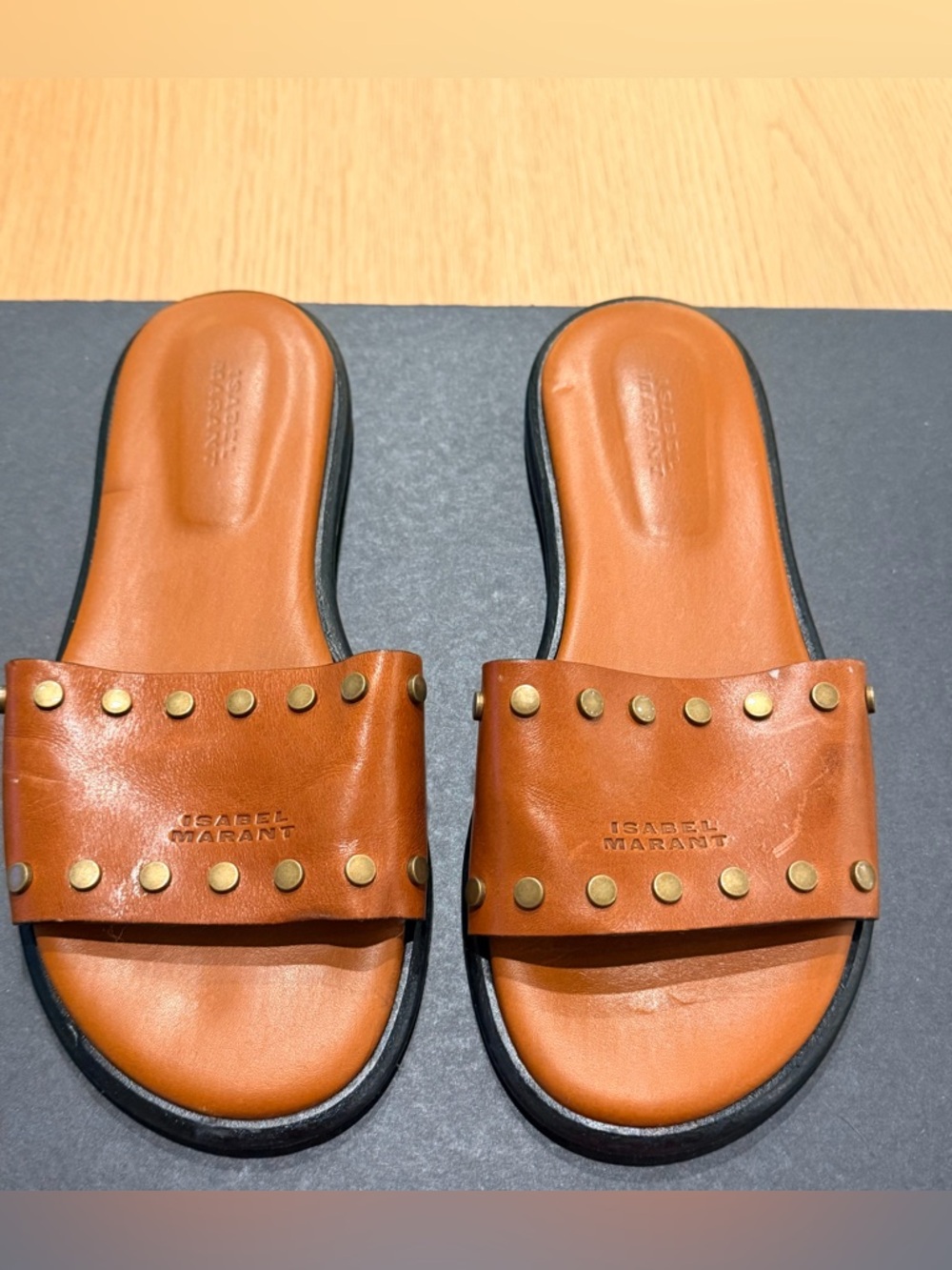 Isabel Marant Brown Leather Stud Slide Sandals